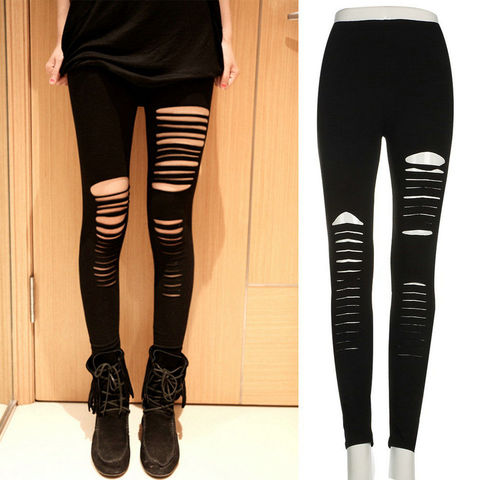 Sexy femmes Leggings Goth Punk slashé déchiré découpé fente Stretch pantalon Leggings trou noir femmes crayon Leggings ► Photo 1/5