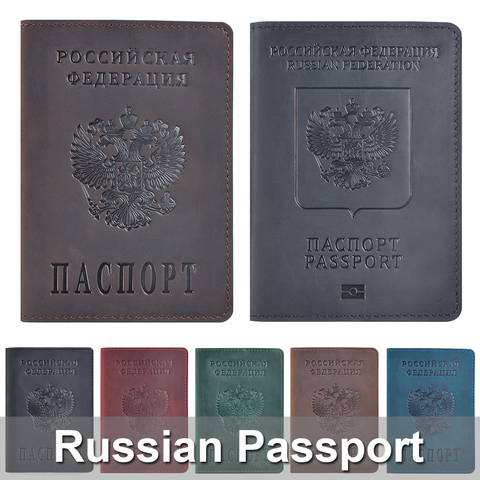 Housse de passeport en cuir véritable, conçue pour la fédération de russie Crazy Horse, étui de passeport bilingue pour affaires porte-cartes en cuir ► Photo 1/6