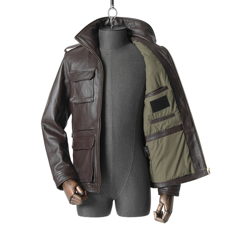 Veste en cuir de chasse haut en peau de vache moyen Long manteau M65 militaire marron revers coupe étroite en plein air voyage sport Combat coupe-vent ► Photo 1/6