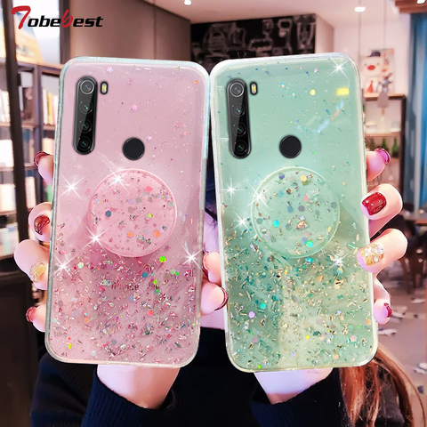 Coque scintillante en Silicone souple avec support de téléphone, étui à feuille d'argent pour Redmi Note 9 9S 8 8T 7 6 5 Pro 4 4X 5 9A 9C 8A 7A 6A 5A 10X ► Photo 1/6