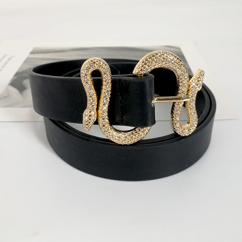 Ceintures de styliste en cuir pu pour femmes, haute qualité, marque de luxe, strass brillant, boucle serpent, ceinture pour jeans ► Photo 1/4