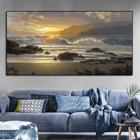 Peinture à l'huile sur toile moderne, paysage de plage, vagues de mer, coucher de soleil, affiches et imprimés, images d'art murales pour salon ► Photo 1/6