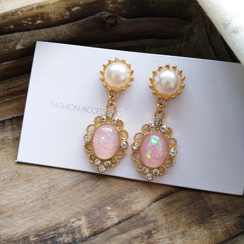 Boucles d'oreilles à clip en zircon pour femmes et filles, micro-ensemble exquis, style palais rétro Baroque, rose doux, goutte d'eau, clip en pierre, cadeaux ► Photo 1/6