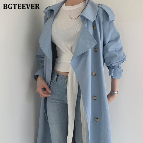 BGTEEVER automne hiver élégant Double boutonnage femmes longues Trench manteaux à manches longues en vrac ceinturé fendu femme bleu coupe-vent ► Photo 1/6