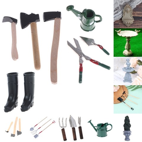 Chaud! Mini outil de jardin pour maison de poupée 1:12, arrosoir, ciseaux, Axes, chaussures, râteau, piscine, accessoires de décoration ► Photo 1/6