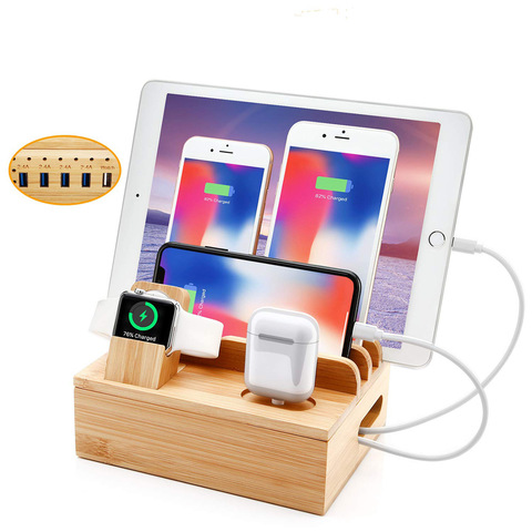 Station de charge en bois multifonction, support de téléphone portable, Base de chargeur en bambou pour Apple Watch iPad iPhone ► Photo 1/6