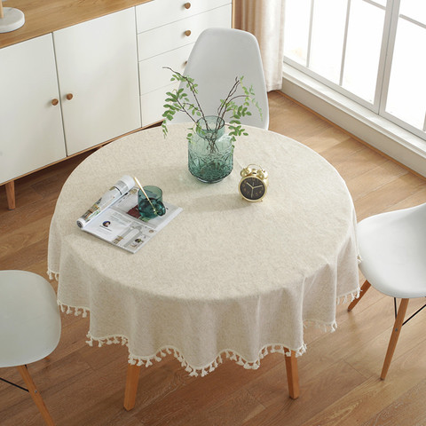 Yaapeet – nappe ronde de couleur unie, avec pompon blanc, protecteur de Table à thé, tissu de pique-nique, toile de fond en coton et lin, décor de Table ► Photo 1/5