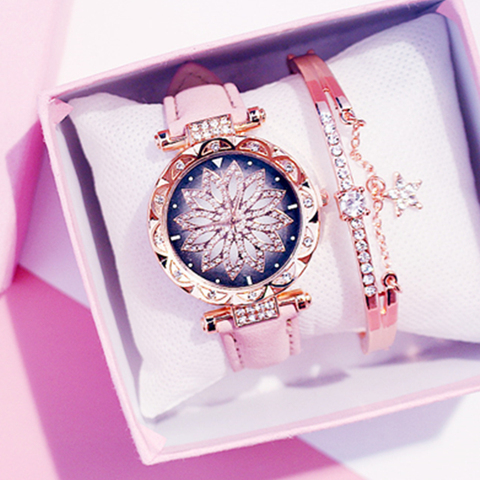 Femmes ciel étoilé montre de luxe or Rose diamant montres dames décontracté bracelet en cuir Quartz montre-bracelet femme horloge zegarek damski ► Photo 1/5