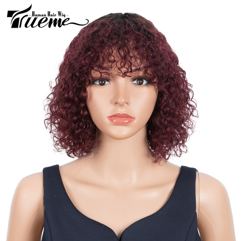 Trueme – perruque Bob naturelle courte bouclée avec frange, cheveux humains Remy, couleur brun ombré 99J, à la mode, pour femmes ► Photo 1/6