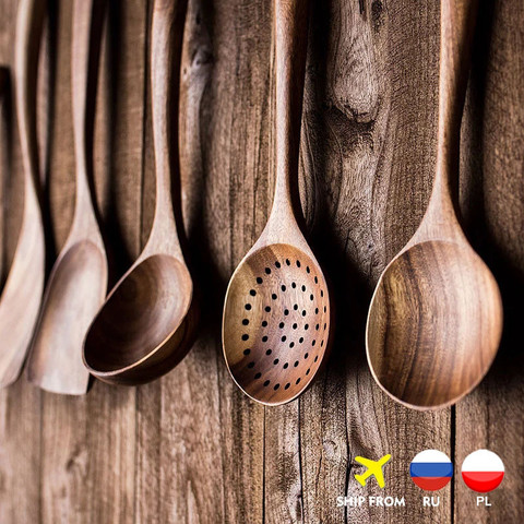 Ustensiles de table en bois naturel en teck de thaïlande, cuillère, louche, passoire à riz longue, soupe, écumoire, cuillères de cuisine, cuillère, ensemble d'outils de cuisine ► Photo 1/6