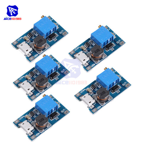 Module de convertisseur élévateur Micro USB, 2-24V à 5-28V 6V 12V 24V 2A, potentiomètre DC-DC réglable, 5 pièces, MT3608 3296 ► Photo 1/4