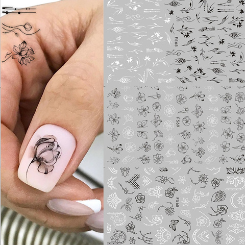 1 feuille noir blanc 3D Nail Art autocollants curseurs fleurs feuilles Mandala feuille géométrie adhésif ongles décalcomanies feuille Design ► Photo 1/6