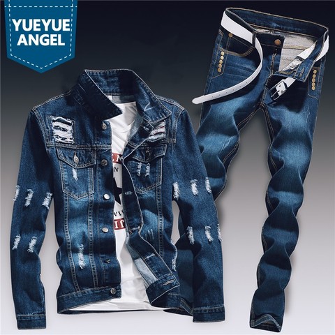 Printemps hommes Denim deux pièces ensemble trou déchiré coupe ajustée veste jean ensembles mâle décontracté Vintage Ropa Hombre Cargo costume Streetwear ► Photo 1/6