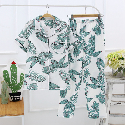 Pyjama style japonais pour femmes, 100% coton gaze, manches courtes, pantalon dames, ensemble mignon pour la maison ► Photo 1/6