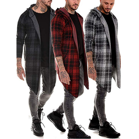 Manteau long hommes gothique trench manteau hommes cardigan mince longue cape à capuche tricoté plaid veste hommes mode steampunk hommes manteau ► Photo 1/6