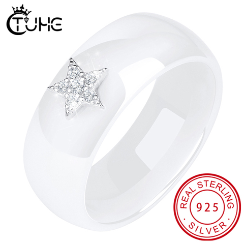 Bagues en céramique, en argent Sterling 100% véritable lune, étoile, 8MM AAA, cristal CZ, pour femmes, bijoux de mariage, cadeau élégant ► Photo 1/6