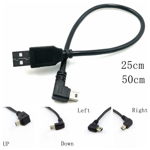 Câble USB 2.0 mâle vers Mini USB B, 5 broches, 90 degrés, angle gauche/bas et droit, pour données, 0.25m/0.5m ► Photo 1/3