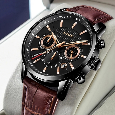 LIGE nouveau hommes montres haut de gamme de luxe militaire Sport montre hommes en cuir étanche horloge Quartz montre-bracelet Relogio Masculino + boîte ► Photo 1/6