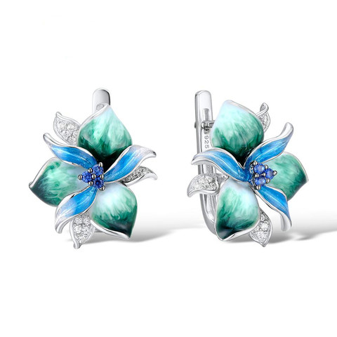 Boucles d'oreilles à Clip pour femmes, bijoux tendance, émail vert, fleur en argent, avec pierre de Zircon AAA, boucles d'oreilles de fiançailles, de mariage, style bohème délicat ► Photo 1/6