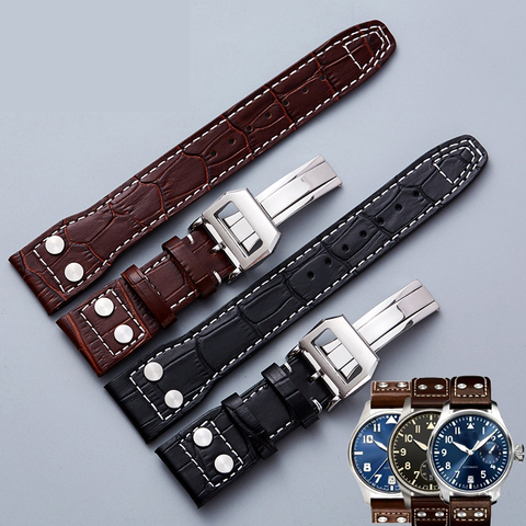 Bracelet de montre pour la série Pilot Mark I-WC, en cuir véritable, rivet masculin, en cuir de vache, de 22mm, noir et marron ► Photo 1/6
