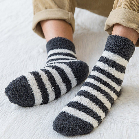 Chaussettes à rayures en velours épais et corail pour homme, chaussettes chaudes d'hiver, douces et moelleuses, pour la maison et l'intérieur ► Photo 1/6