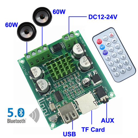 2*60W Bluetooth 5.0 amplificateur de puissance Audio numérique HiFi stéréo 2.0 canaux classe D récepteur TF carte USB AUX amplificateur carte à distance ► Photo 1/6