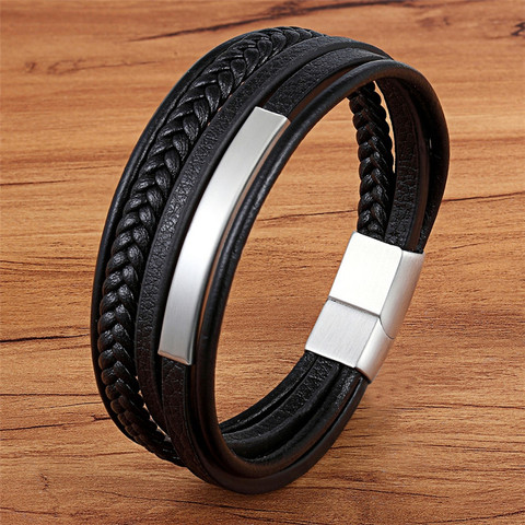 Bracelet multicouche en cuir et acier inoxydable pour hommes, tissé à la main, noir, taille bricolage, Logo sculpté pour cadeau d'anniversaire Surprise ► Photo 1/6