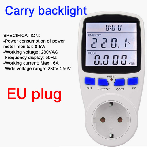 Compteur d'énergie numérique LCD de l'union européenne compteur d'énergie moniteur de puissance kWh mesure de mesure analyseur de puissance transportant rétro-éclairage ► Photo 1/5