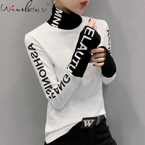 Automne hiver vêtements européens t-shirt Chic Patchwork lettre épais brohangar à manches longues brossé couverture en coton Ropa Mujer t-shirts T00514A ► Photo 1/6