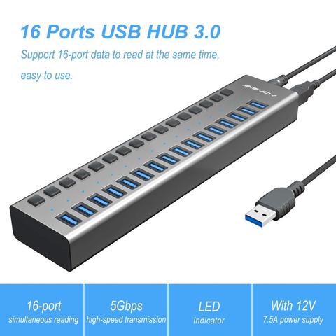 USB HUB 3.0 adaptateur secteur externe 16 Ports USB Hub répartiteur commutateur 12V 7.5A adaptateur secteur pour Mac tablette ordinateur portable PC US EU royaume-uni ► Photo 1/6