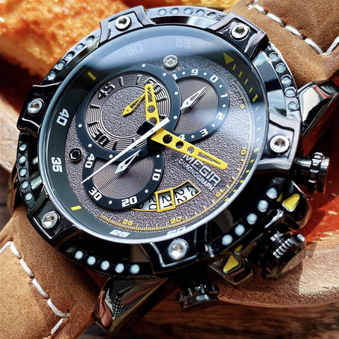 MEGIR-montre-bracelet à Quartz créative en cuir pour hommes, marque de luxe, étanche, chronographe de Sport, marque supérieure ► Photo 1/6