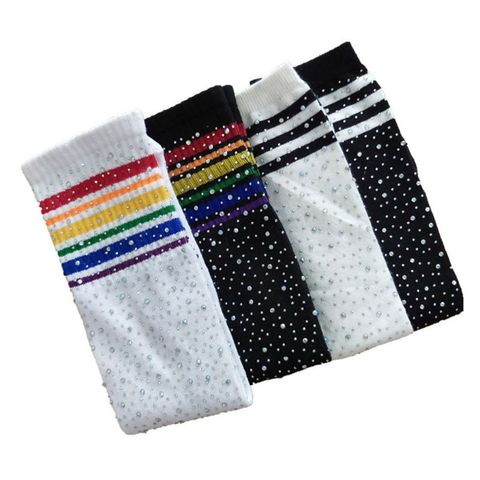 Chaussettes hautes pour enfants, chaussettes tendance, rayures colorées, strass pour filles ► Photo 1/6