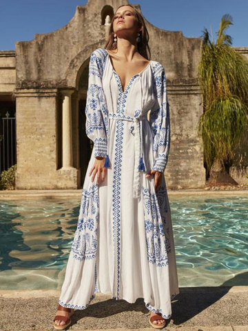 Robe longue brodée de vacances, nouveau style ethnique rétro, vêtement de plage bohémien, vêtement d'île à col V, vêtement grande taille ample ► Photo 1/6