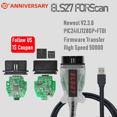 Le plus récent V2.3.8 ELS27 FORScan vert PCB PIC24HJ128GP + FTDI Mircochip multi-langue fonctionne ELM327 & J2534 pss-thru pour Mazda ► Photo 1/6