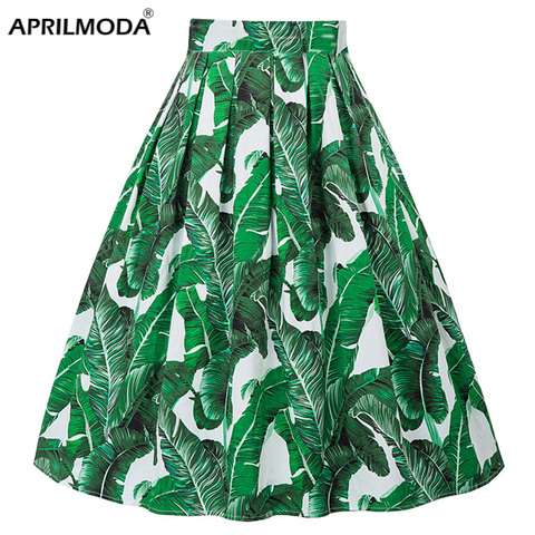 Jupe Midi plissée Vintage en coton pour femmes, taille haute, imprimé Floral rétro, vert feuilles, 50s 60s 40s, été, 2022 ► Photo 1/6