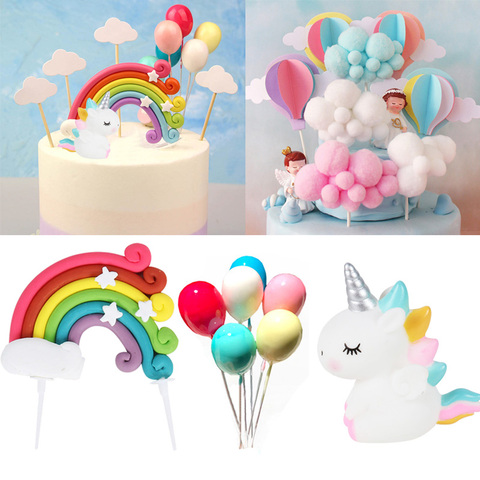 Décoration de gâteau en forme de licorne, ballon arc-en-ciel, nuage, Cupcake, drapeaux d'anniversaire pour enfants, décoration de gâteaux pour fête prénatale pour filles ► Photo 1/6