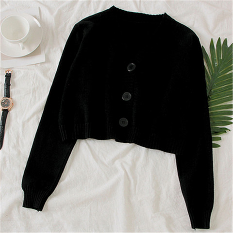 Cardigan court à col en V et simple boutonnage pour femme, pull tricoté, noir et blanc ► Photo 1/6