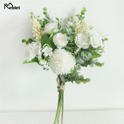 Meldel-Bouquet de roses artificielles en soie, Bouquet de fleurs porte-bonheur, pour décor de mariage pour la maison, Bouquet de la mariée, Eucalyptus, Style forestier ► Photo 1/6