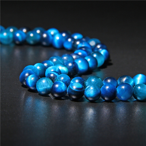 Perles rondes œil-de-tigre bleues, saphirs, pierre naturelle pour la fabrication de bijoux, taille, 15 pouces, 6, 8, 10, 12mm, bracelets gemmes ► Photo 1/6