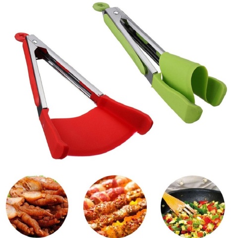 JOYLOVE nouveau 2 en 1 astucieux spatule de cuisine et pinces anti-adhésif résistant à la chaleur en acier inoxydable cadre Silicone pinces Gadget de cuisine ► Photo 1/6