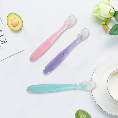 Cuillère en Silicone souple pour bébé, couleur bonbon, détection de température, outils d'alimentation pour bébés, nouveauté 2022 ► Photo 1/6