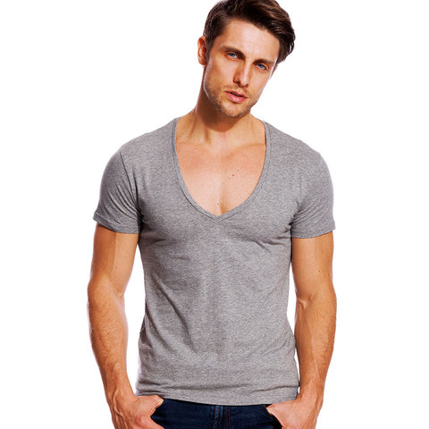 T-Shirt col en V profond hommes mode Compression à manches courtes T-Shirt mâle Muscle Fitness haut d'été serrés t-shirts ► Photo 1/6