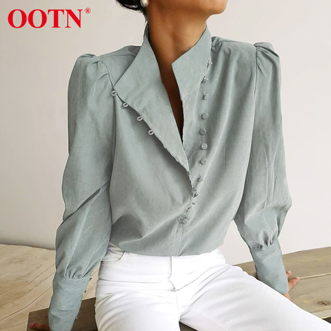 OOTN – chemisier à col roulé pour femmes, élégant, manches longues, blanc, bureau, décontracté, solide, simple boutonnage, manches bouffantes ► Photo 1/6