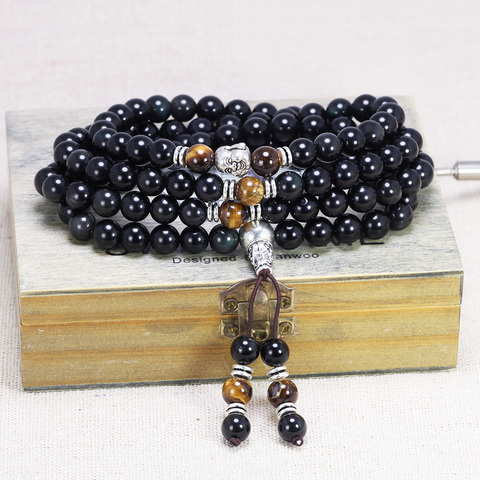 Bracelet en obsidienne arc-en-ciel, 108 perles, avec pierre d'yeux de tigre naturelle, amulette de bouddha, pour hommes et femmes, Bracelets porte-bonheur ► Photo 1/6