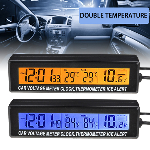 Moniteur LCD numérique de voiture 3 en 1, affichage de la température intérieure et extérieure et moniteur de tension, rétro-éclairage, bleu, Orange ► Photo 1/6