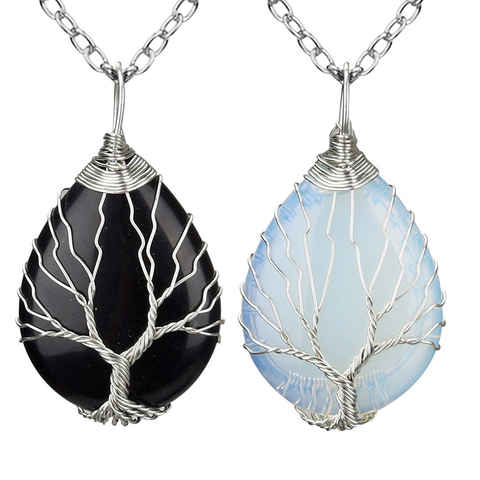 Pendentif d'arbre de vie, collier, pendentif en pierre opale, collier couleur argent, enroulé de fil Chakra noir, Onyx noir, bijoux Reiki pour femmes et hommes ► Photo 1/6