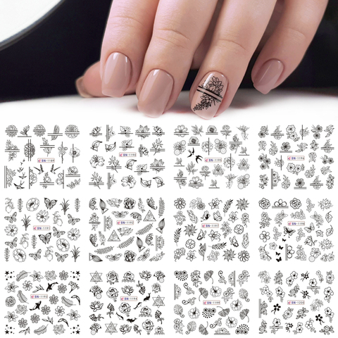 12 pièces mélanger noir fleur Nail Art autocollant décalcomanies creux Floral papillon transfert d'eau curseur manucure décoration SABN1189-1200 ► Photo 1/6