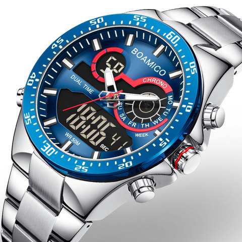 BOAMIGO 2022 nouvelle mode hommes montres en acier inoxydable haut marque de luxe sport hommes numérique analogique bleu Quartz montre pour hommes homme ► Photo 1/6