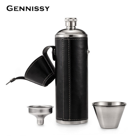 GENNISSY-flacon de poche 8 OZ avec entonnoir gratuit + 2 tasses en acier inoxydable avec couvercle recouvert de cuir et flacon étanche de 100% ► Photo 1/6