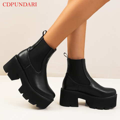 Bottes de moto noires pour femmes, bottines à plateforme, Street Punk, bottes courtes, chaussures brunes de printemps et d'automne ► Photo 1/6